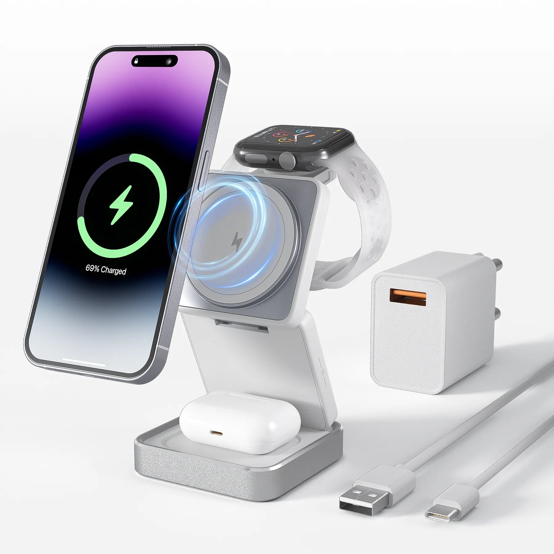W90 Caricabatteria wireless Magsafe 3 in 1 Apple con Qi da 15W