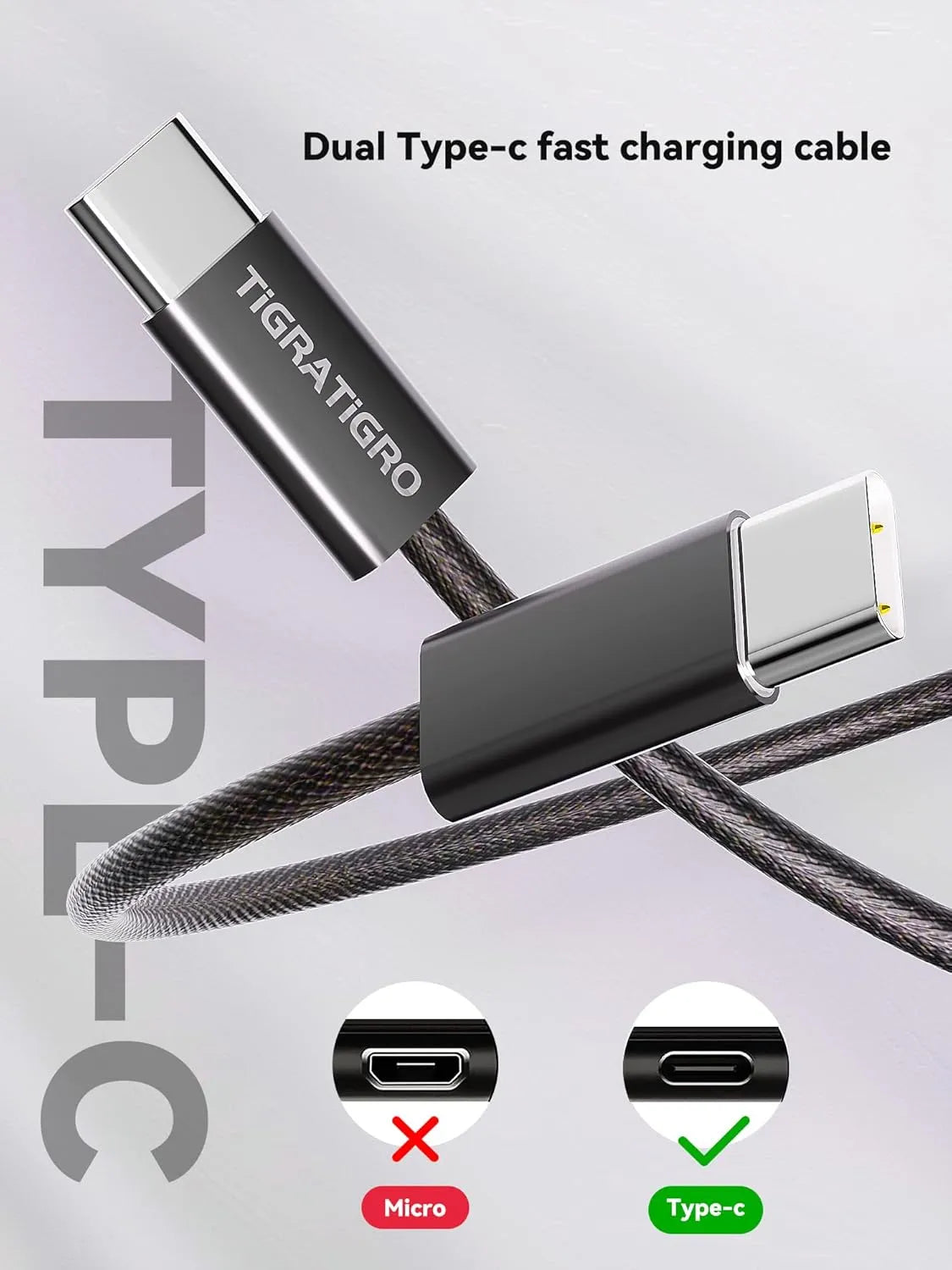 Cavo di ricarica rapida USB-C a USB-C in nylon nero da 60W PD.