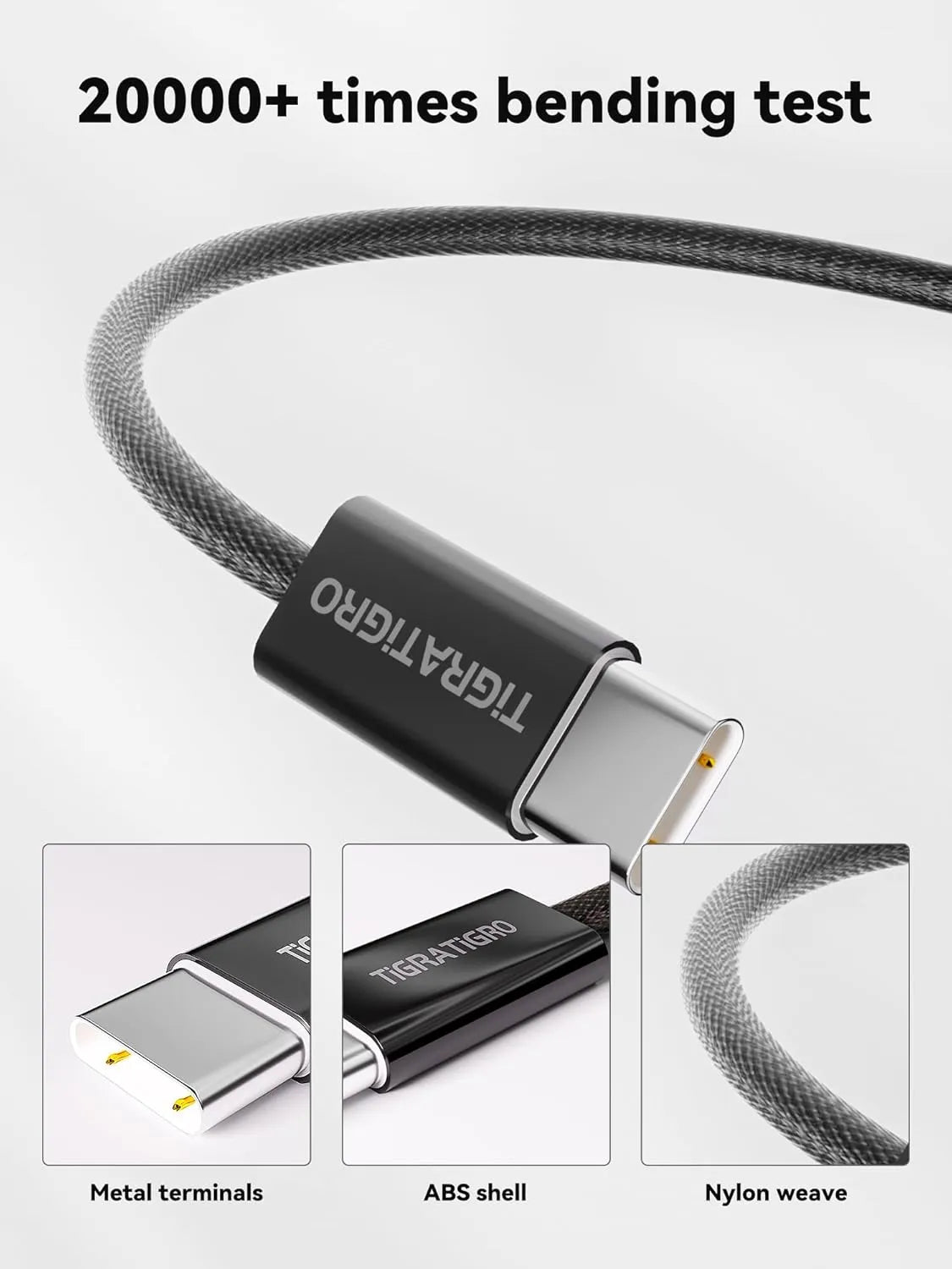 Cavo di ricarica rapida USB-C a USB-C in nylon nero da 60W PD.