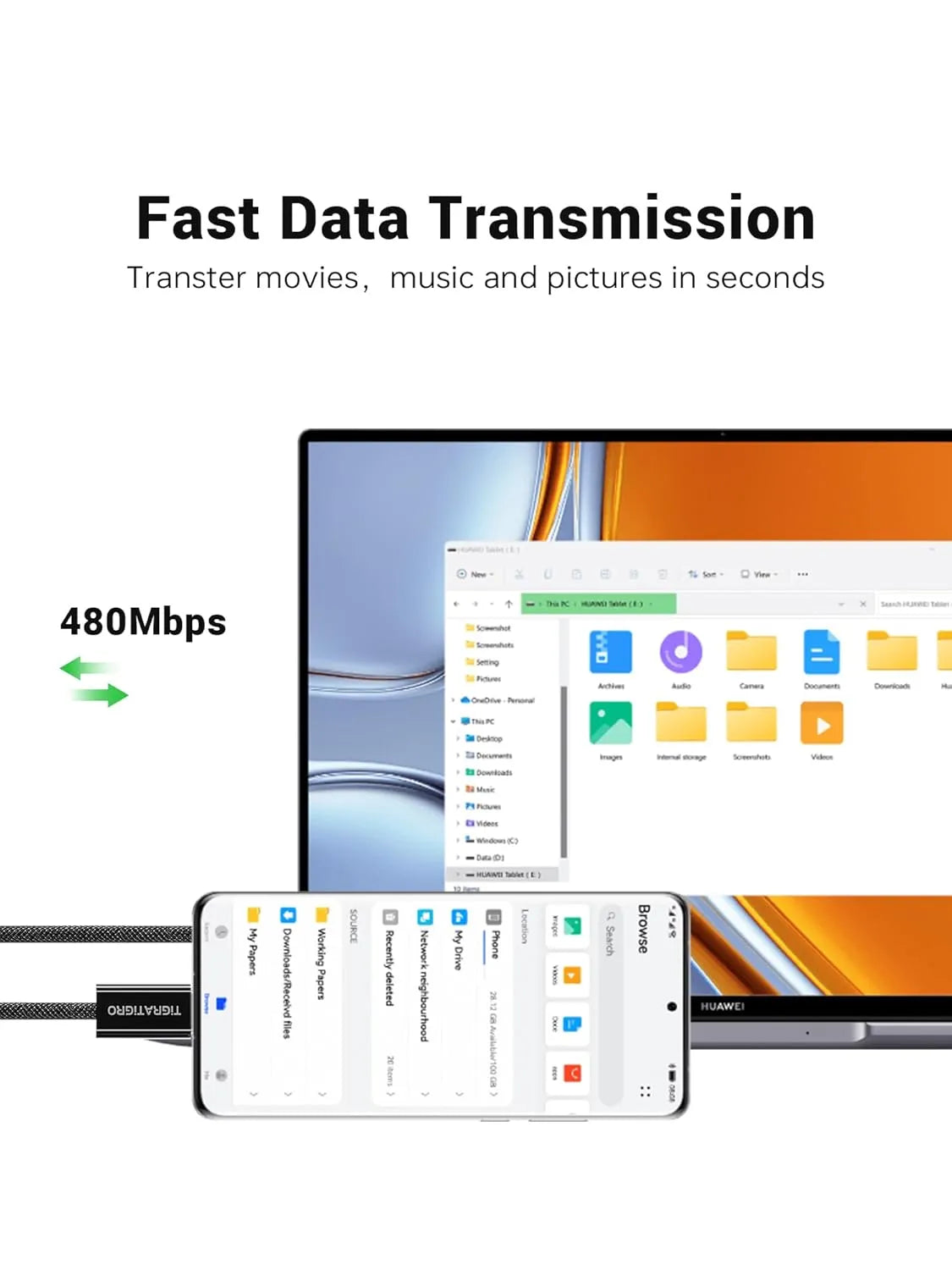 60W PD Fast Charging USB-C to USB-C Black Nylon Cable.