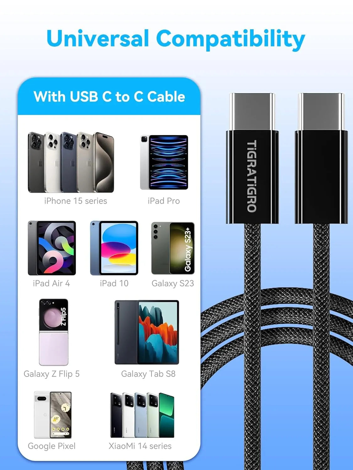 Cavo di ricarica rapida USB-C a USB-C in nylon nero da 60W PD.