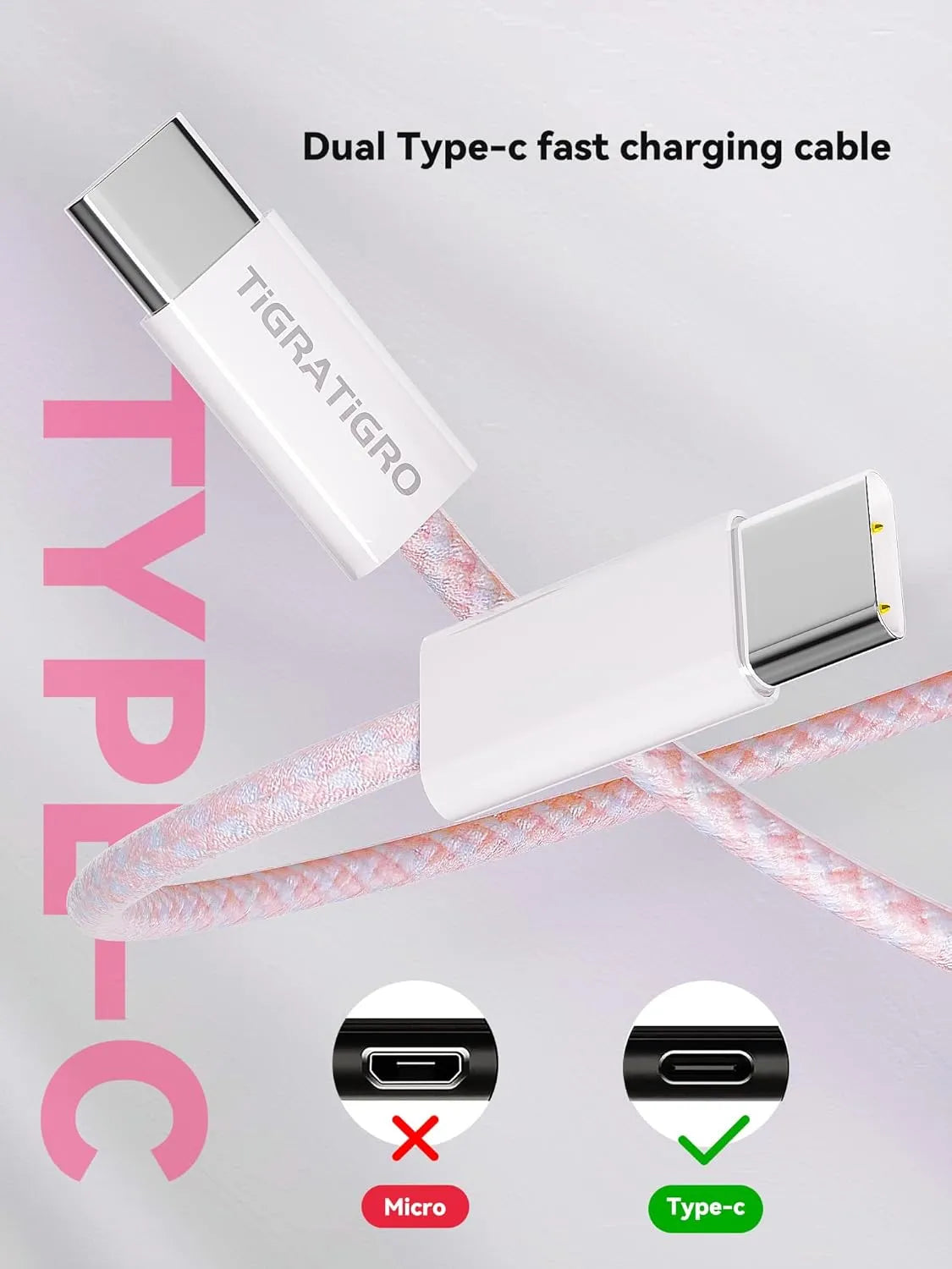 60W USB-C to USB-C PD Fast Charging Cable Pink Nylon