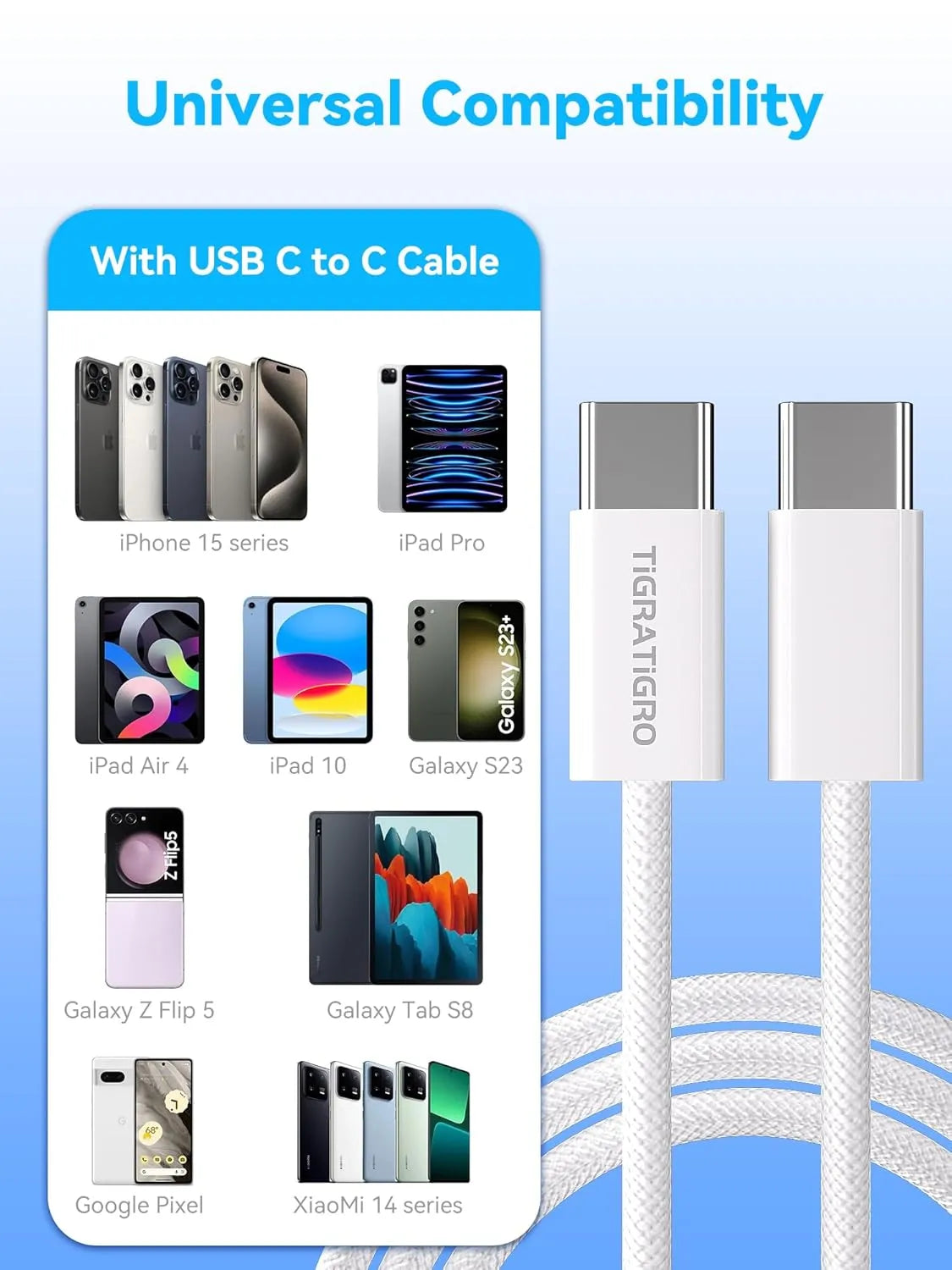 60W USB-C to USB-C PD Fast Charging Cable White Nylon