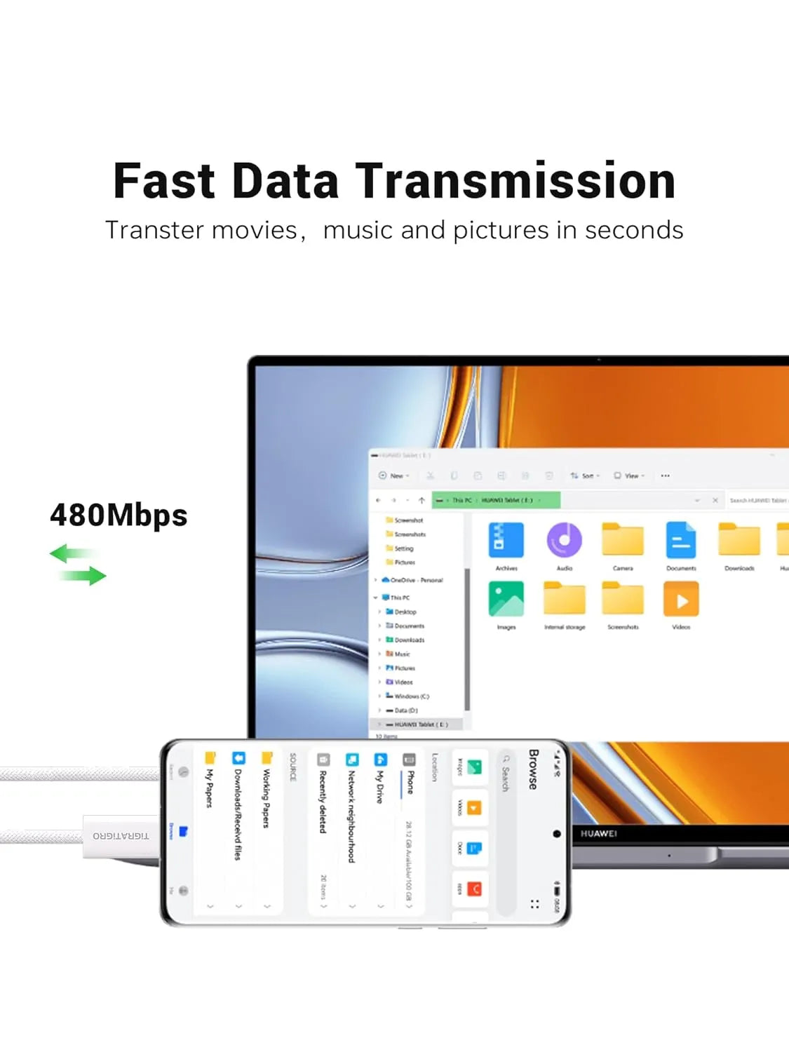 60W USB-C to USB-C PD Fast Charging Cable White Nylon